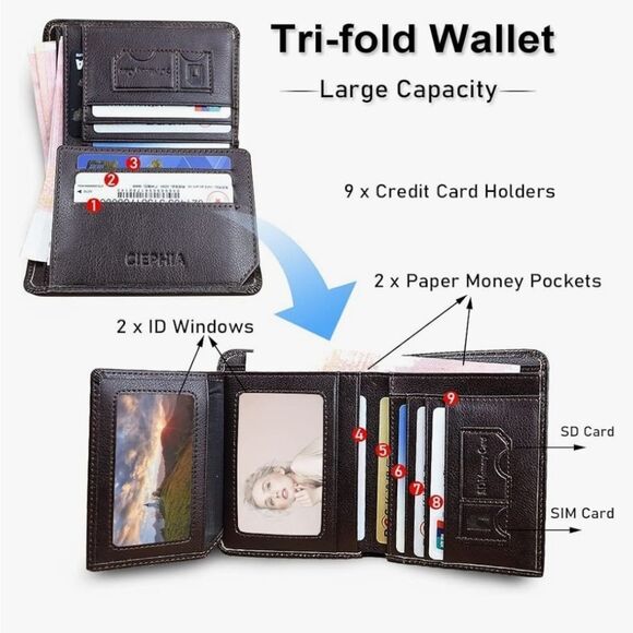 CIEPHIA RFID Blocking Trifold Genuine Leather Wallets - Brown - Picture 10 of 10